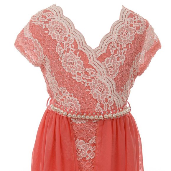 Girls Floral Lace Chiffon Pearl Birthday Holiday Party Flower Girl Dress Coral - Picture 4 of 5